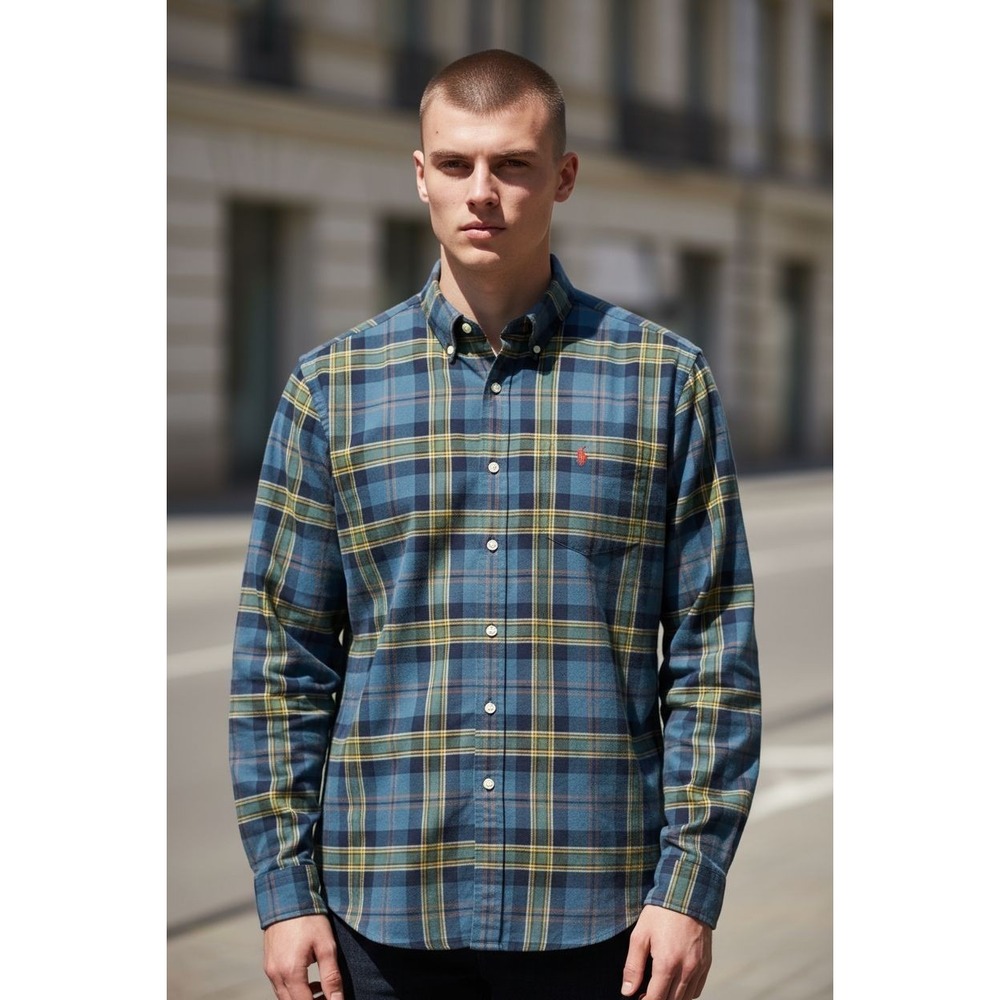 Polo Ralph Lauren Cotton Shirt Mens L Multicolor Plaid Long Sleeve Pony‎ EUC